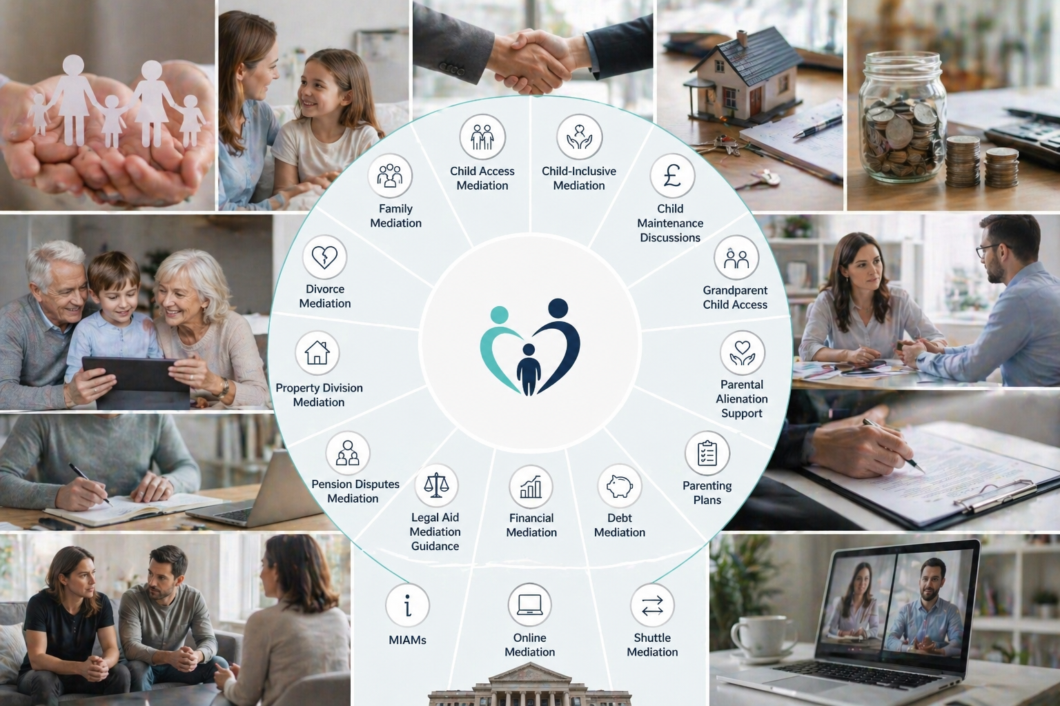 Illustration of a person juggling multiple family issues, with a mediator helping to manage the load.